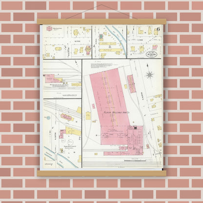 Old map wall art mockup — magnetic wood frame on brick wall — Sanborn Fire Insurance Map from Albion, Calhoun County, Michigan (1907), Sheet #0006