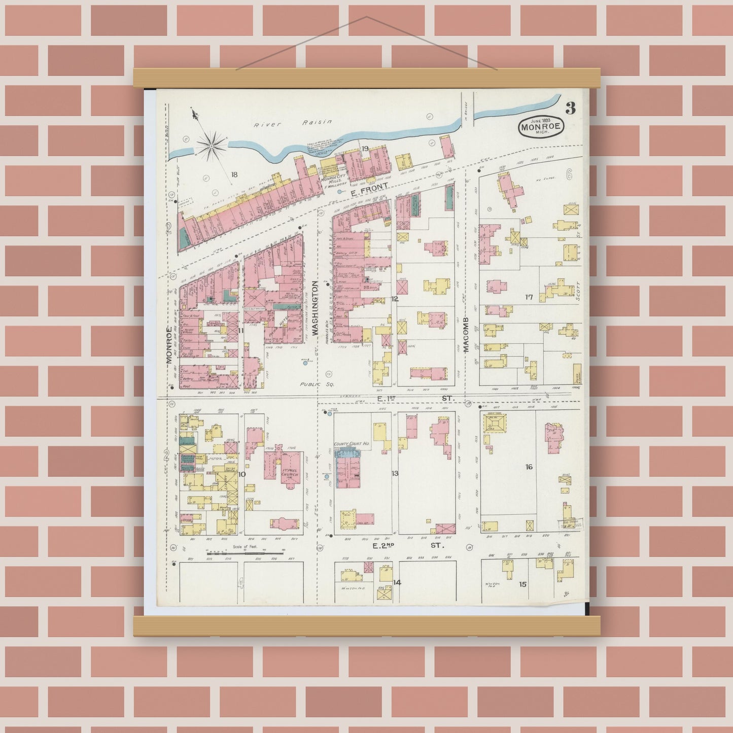 Old map wall art mockup — magnetic wood frame on brick wall — Sanborn Fire Insurance Map from Monroe, Monroe County, Michigan (1893), Sheet #0003
