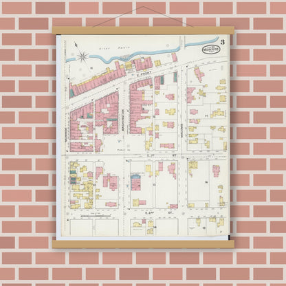 Old map wall art mockup — magnetic wood frame on brick wall — Sanborn Fire Insurance Map from Monroe, Monroe County, Michigan (1893), Sheet #0003