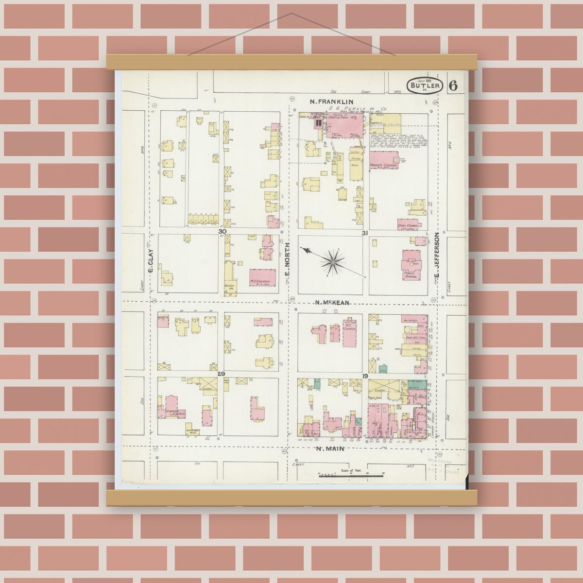 Old map wall art mockup — magnetic wood frame on brick wall — Sanborn Fire Insurance Map from Butler, Butler County, Pennsylvania (1891), Sheet #0006