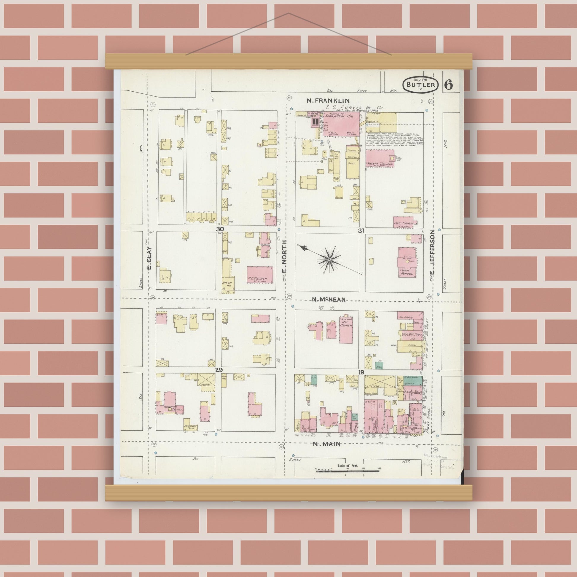 Old map wall art mockup — magnetic wood frame on brick wall — Sanborn Fire Insurance Map from Butler, Butler County, Pennsylvania (1891), Sheet #0006