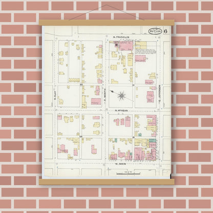 Old map wall art mockup — magnetic wood frame on brick wall — Sanborn Fire Insurance Map from Butler, Butler County, Pennsylvania (1891), Sheet #0006