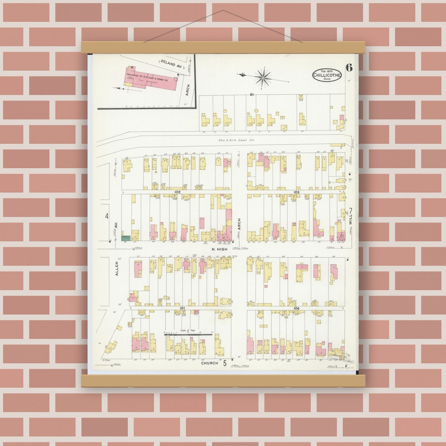 Old map wall art mockup — magnetic wood frame on brick wall — Sanborn Fire Insurance Map from Chillicothe, Ross County, Ohio (1909), Sheet #0006