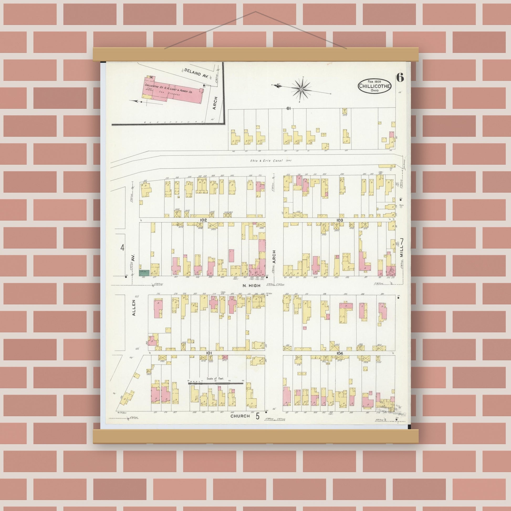 Old map wall art mockup — magnetic wood frame on brick wall — Sanborn Fire Insurance Map from Chillicothe, Ross County, Ohio (1909), Sheet #0006