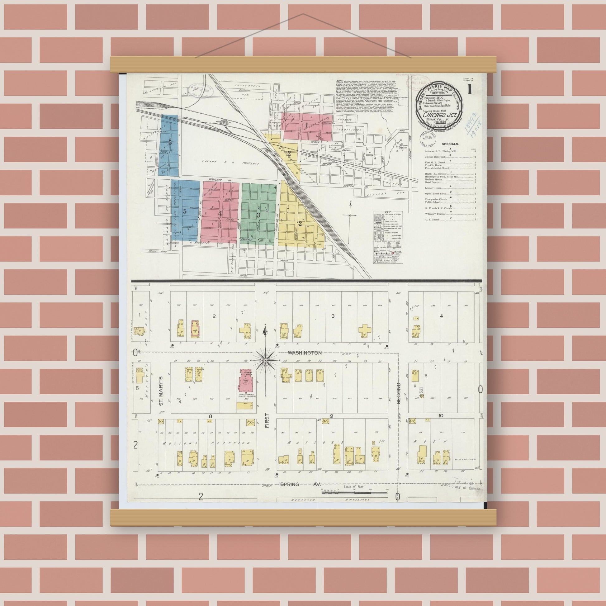 Old map wall art mockup — magnetic wood frame on brick wall — Sanborn Fire Insurance Map from Chicago Junction, Huron County, Ohio (1899), Sheet #0001