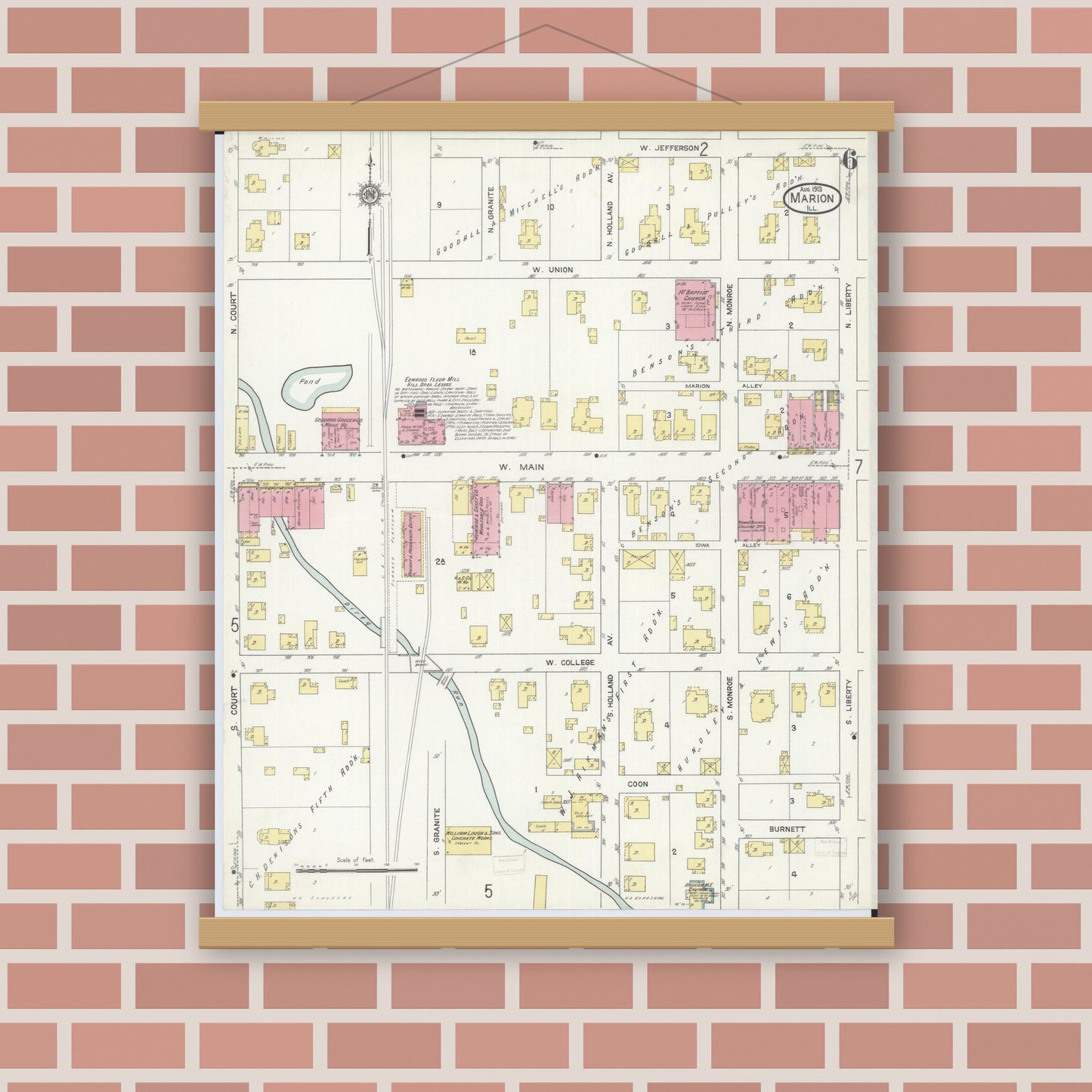 Old map wall art mockup — magnetic wood frame on brick wall — Sanborn Fire Insurance Map from Marion, Williamson County, Illinois (1913), Sheet #0006