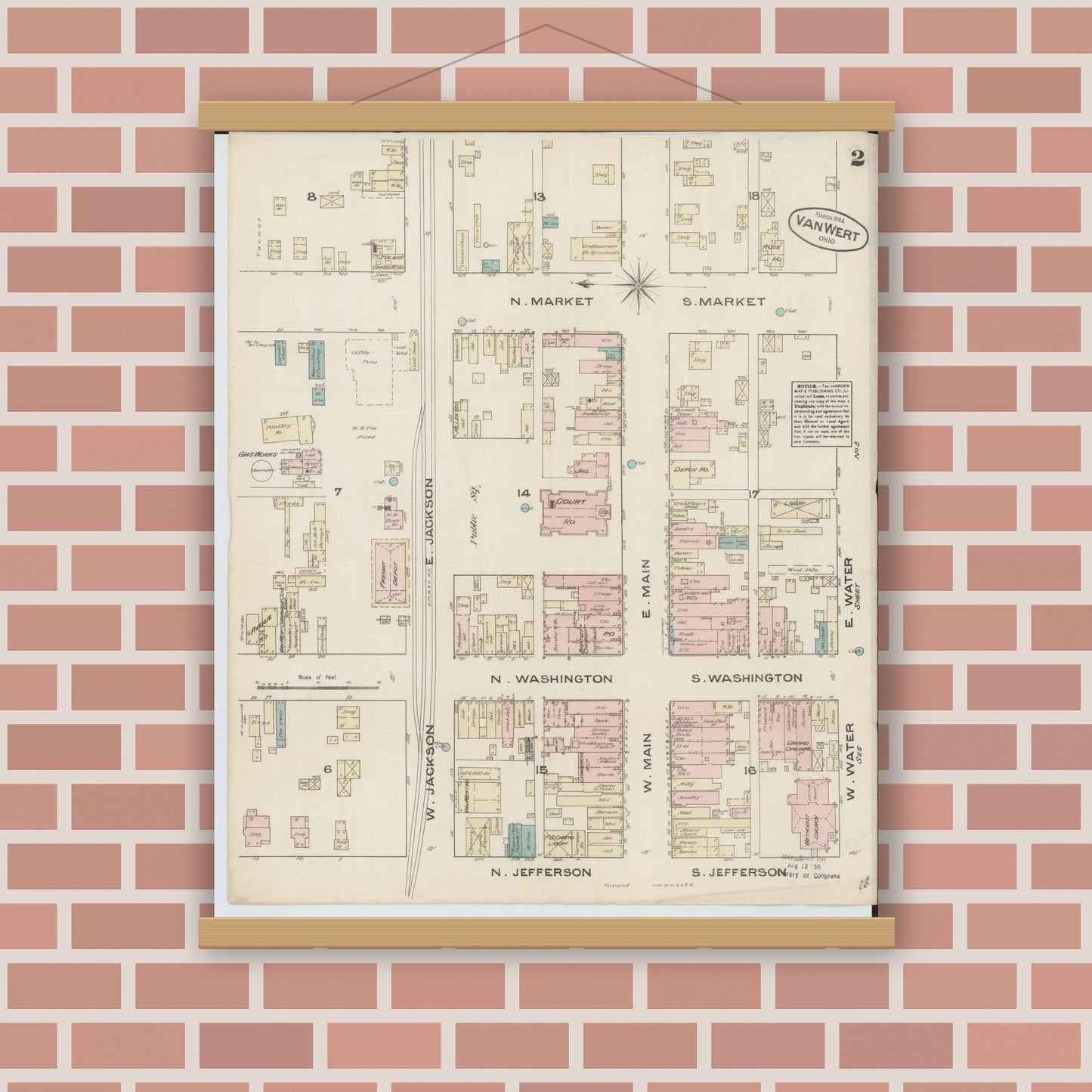 Old map wall art mockup — magnetic wood frame on brick wall — Sanborn Fire Insurance Map from Van Wert, Van Wert County, Ohio (1884), Sheet #0002