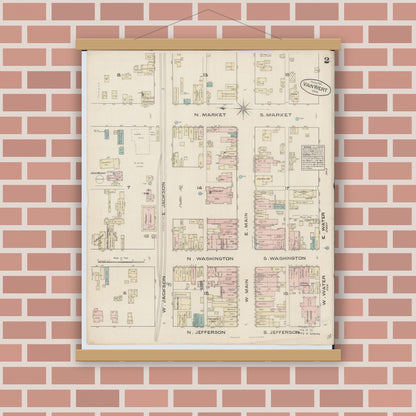 Old map wall art mockup — magnetic wood frame on brick wall — Sanborn Fire Insurance Map from Van Wert, Van Wert County, Ohio (1884), Sheet #0002