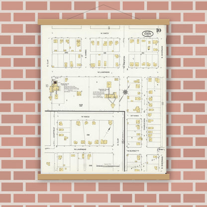 Old map wall art mockup — magnetic wood frame on brick wall — Sanborn Fire Insurance Map from Ennis, Ellis County, Texas (1920), Sheet #0010