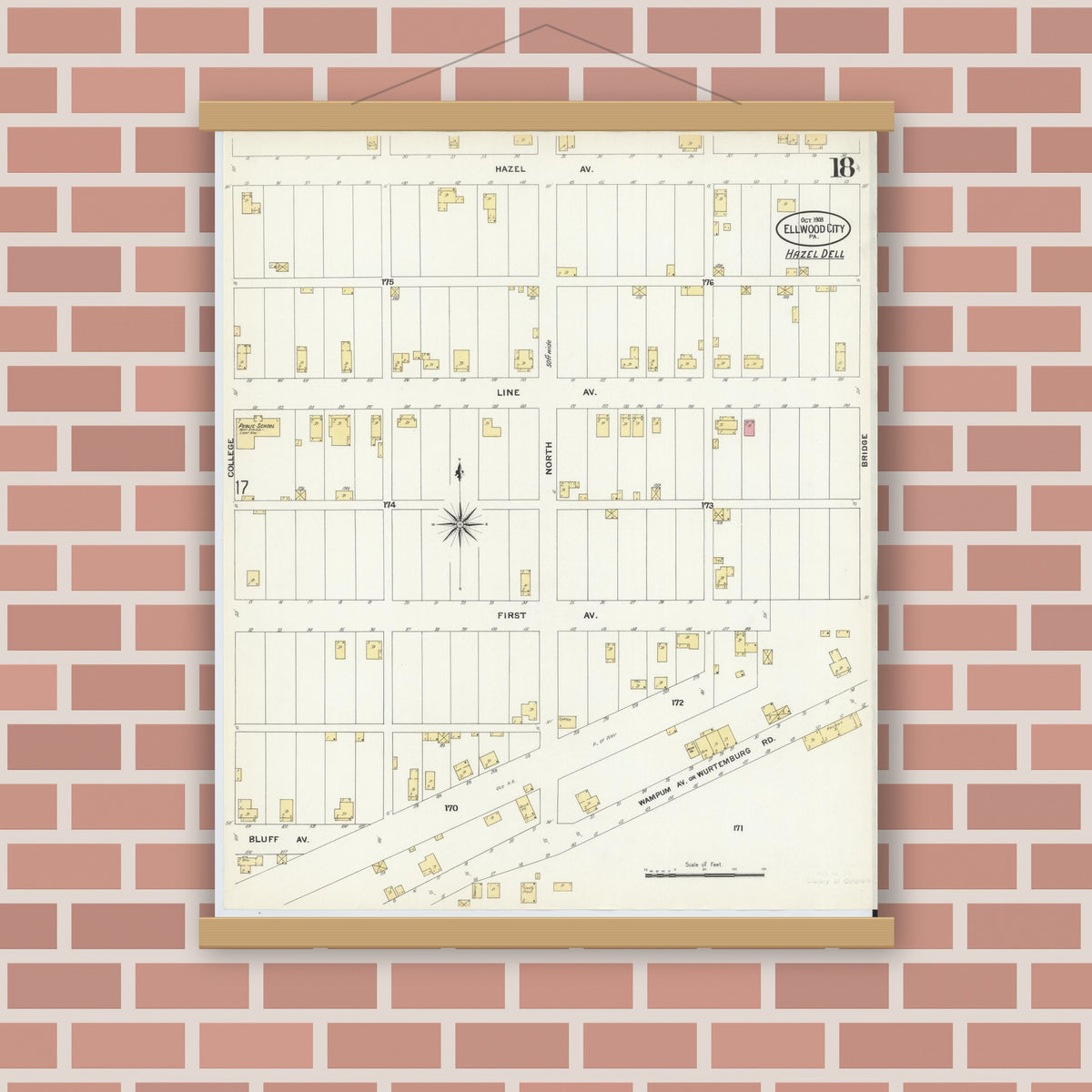 Old map wall art mockup — magnetic wood frame on brick wall — Sanborn Fire Insurance Map from Ellwood City, Lawrence County, Pennsylvania (1908), Sheet #0018