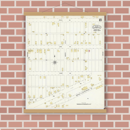 Old map wall art mockup — magnetic wood frame on brick wall — Sanborn Fire Insurance Map from Ellwood City, Lawrence County, Pennsylvania (1908), Sheet #0018