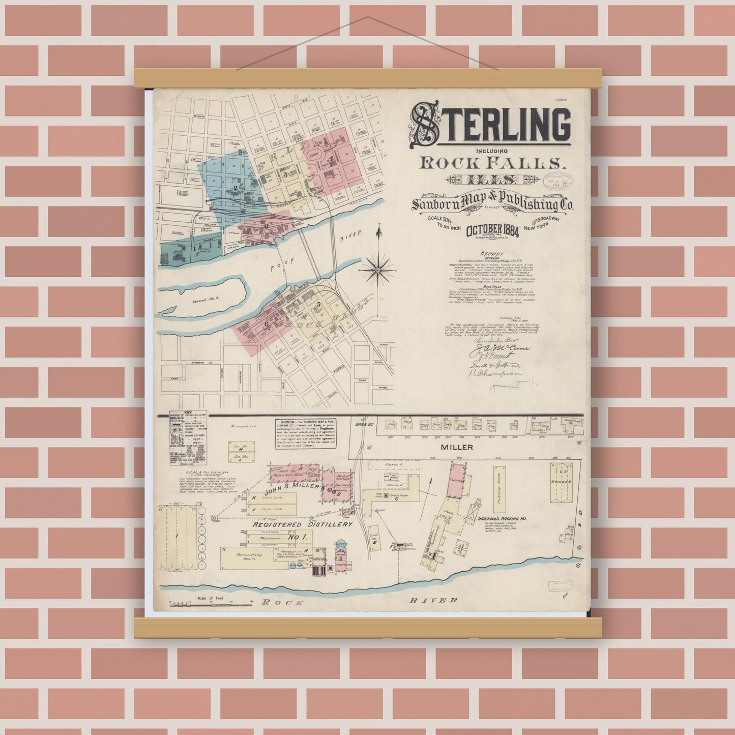 Old map wall art mockup — magnetic wood frame on brick wall — Sanborn Fire Insurance Map from Sterling, Whiteside County, Illinois (1884) - Complete Map Set