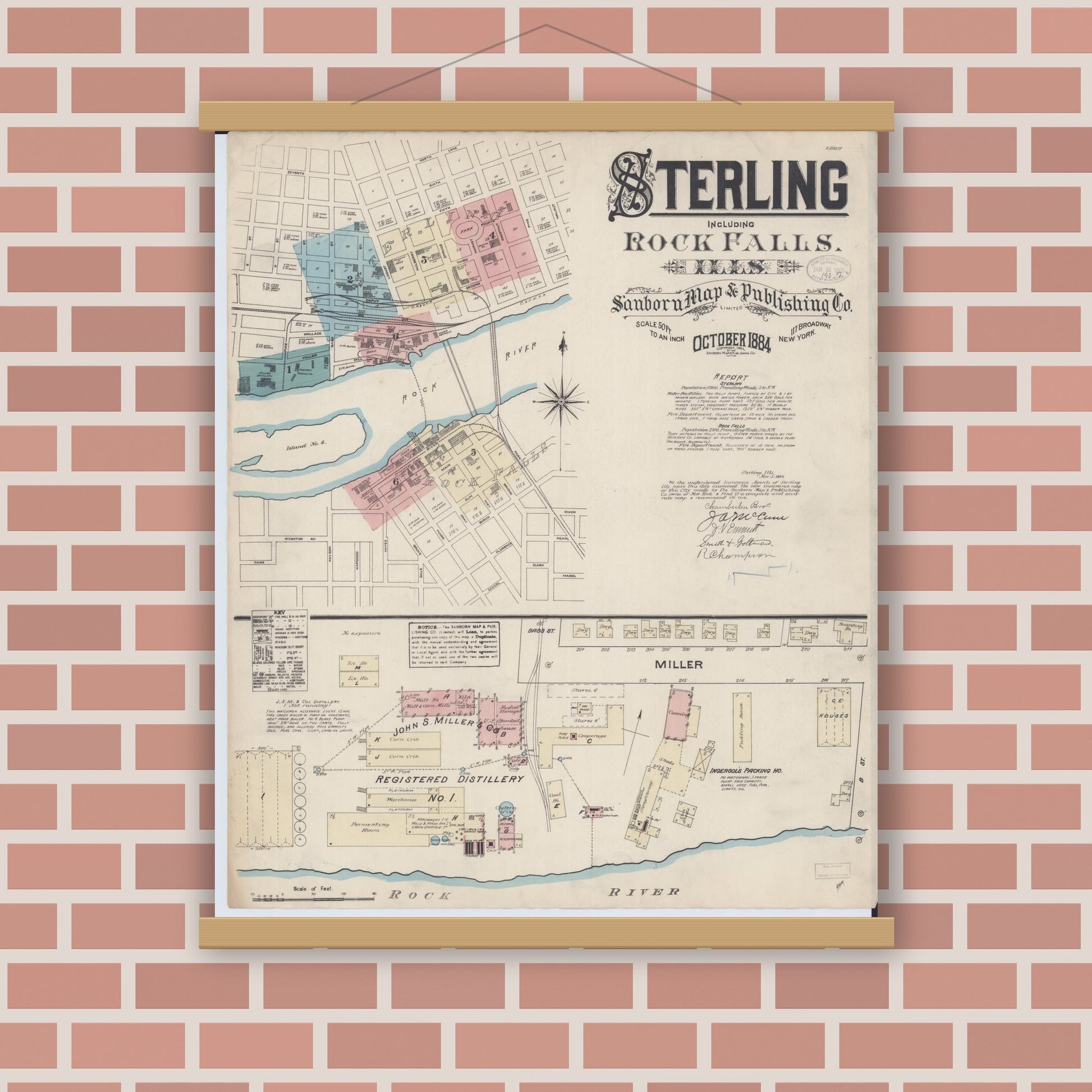 Old map wall art mockup — magnetic wood frame on brick wall — Sanborn Fire Insurance Map from Sterling, Whiteside County, Illinois (1884) - Complete Map Set