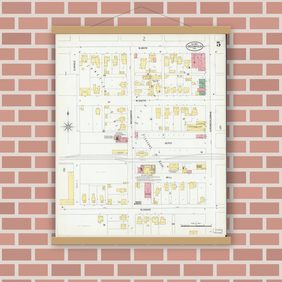 Old map wall art mockup — magnetic wood frame on brick wall — Sanborn Fire Insurance Map from Greenfield, Hancock County, Indiana (1900), Sheet #0005