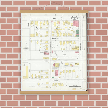 Old map wall art mockup — magnetic wood frame on brick wall — Sanborn Fire Insurance Map from Greenfield, Hancock County, Indiana (1900), Sheet #0005