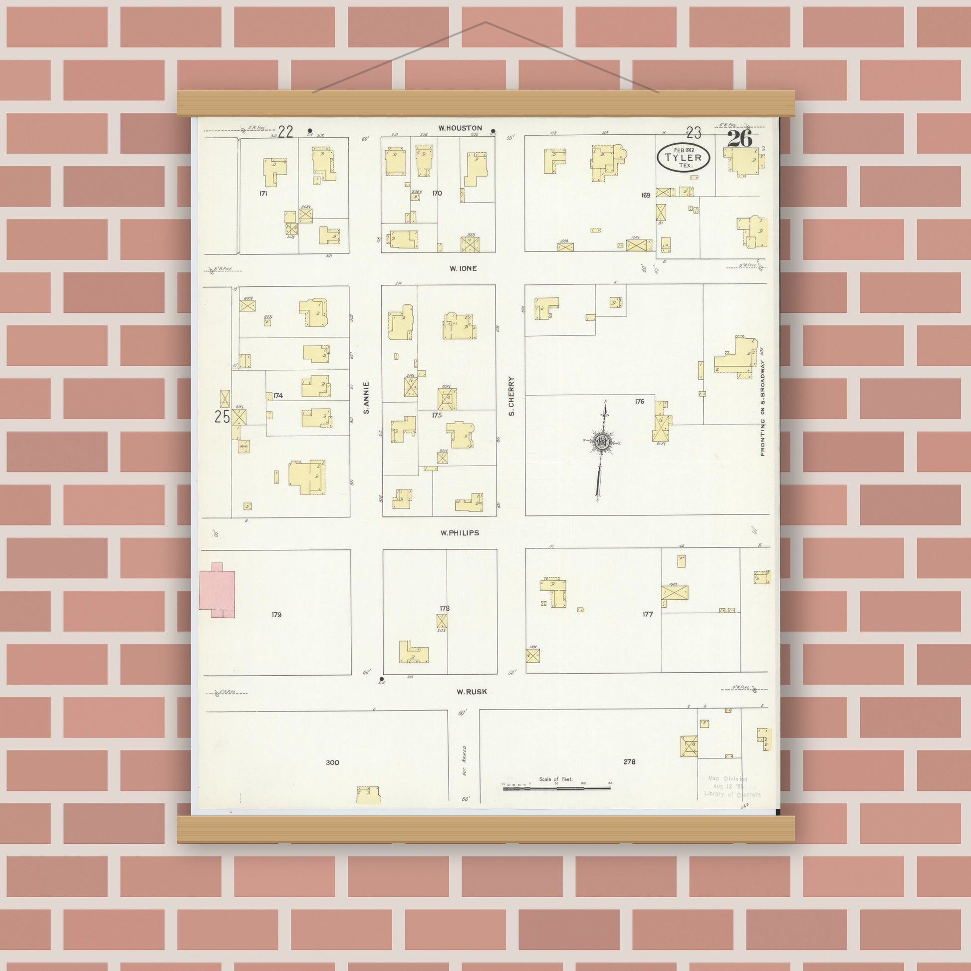 Old map wall art mockup — magnetic wood frame on brick wall — Sanborn Fire Insurance Map from Tyler, Smith County, Texas (1912), Sheet #0026