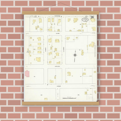 Old map wall art mockup — magnetic wood frame on brick wall — Sanborn Fire Insurance Map from Tyler, Smith County, Texas (1912), Sheet #0026