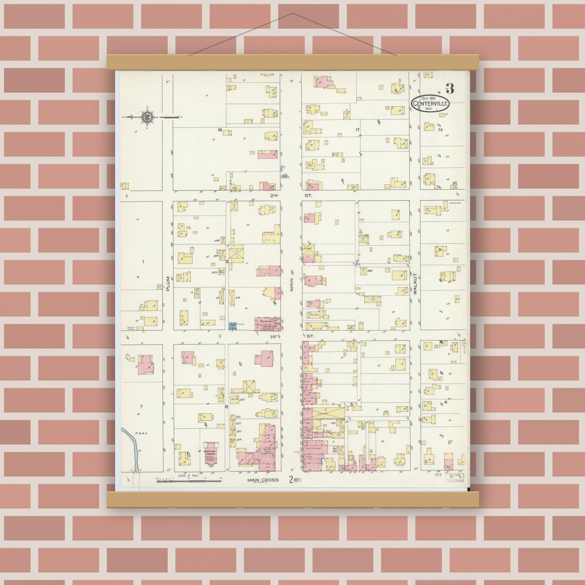 Old map wall art mockup — magnetic wood frame on brick wall — Sanborn Fire Insurance Map from Centerville, Wayne County, Indiana (1913), Sheet #0003