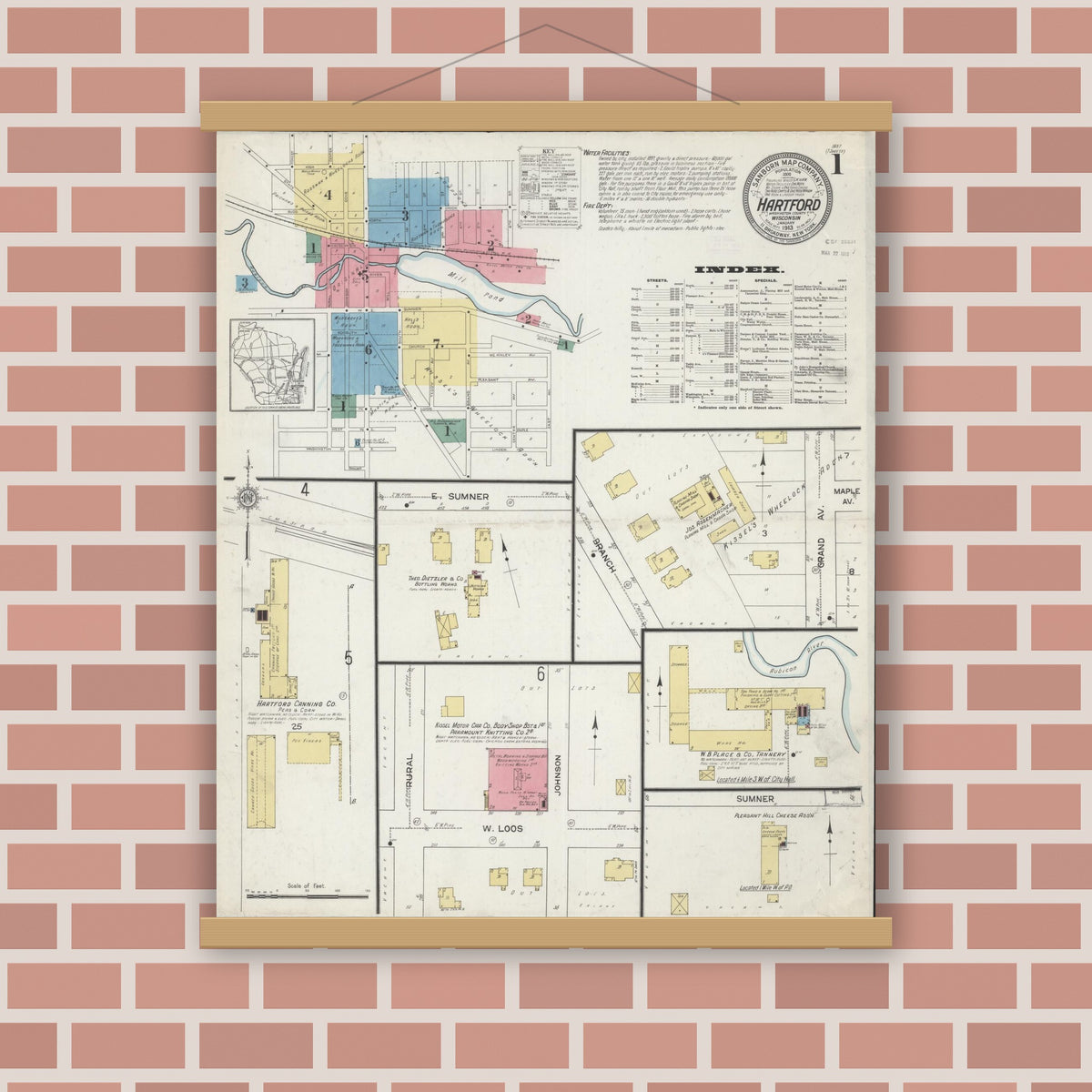 Old map wall art mockup — magnetic wood frame on brick wall — Sanborn Fire Insurance Map from Hartford, Washington County, Wisconsin (1913) - Complete Map Set