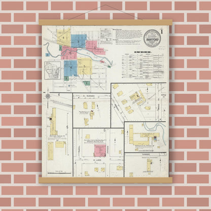 Old map wall art mockup — magnetic wood frame on brick wall — Sanborn Fire Insurance Map from Hartford, Washington County, Wisconsin (1913) - Complete Map Set
