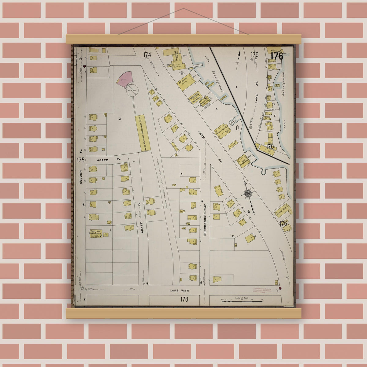 Old map wall art mockup — magnetic wood frame on brick wall — Sanborn Fire Insurance Map from Worcester, Worcester County, Massachusetts (1910), Sheet #0176