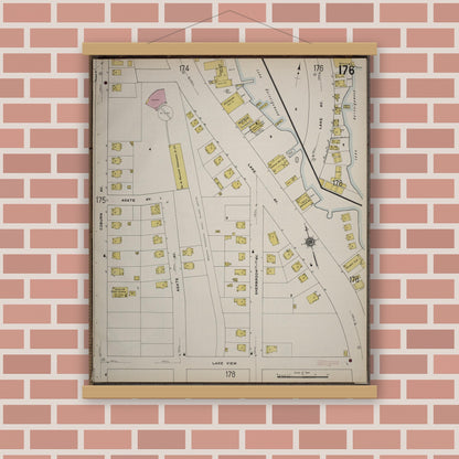 Old map wall art mockup — magnetic wood frame on brick wall — Sanborn Fire Insurance Map from Worcester, Worcester County, Massachusetts (1910), Sheet #0176