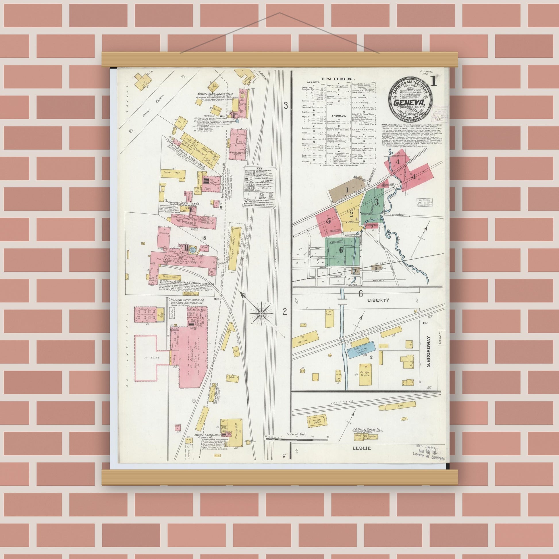 Old map wall art mockup — magnetic wood frame on brick wall — Sanborn Fire Insurance Map from Geneva, Ashtabula County, Ohio (1904), Sheet #0001