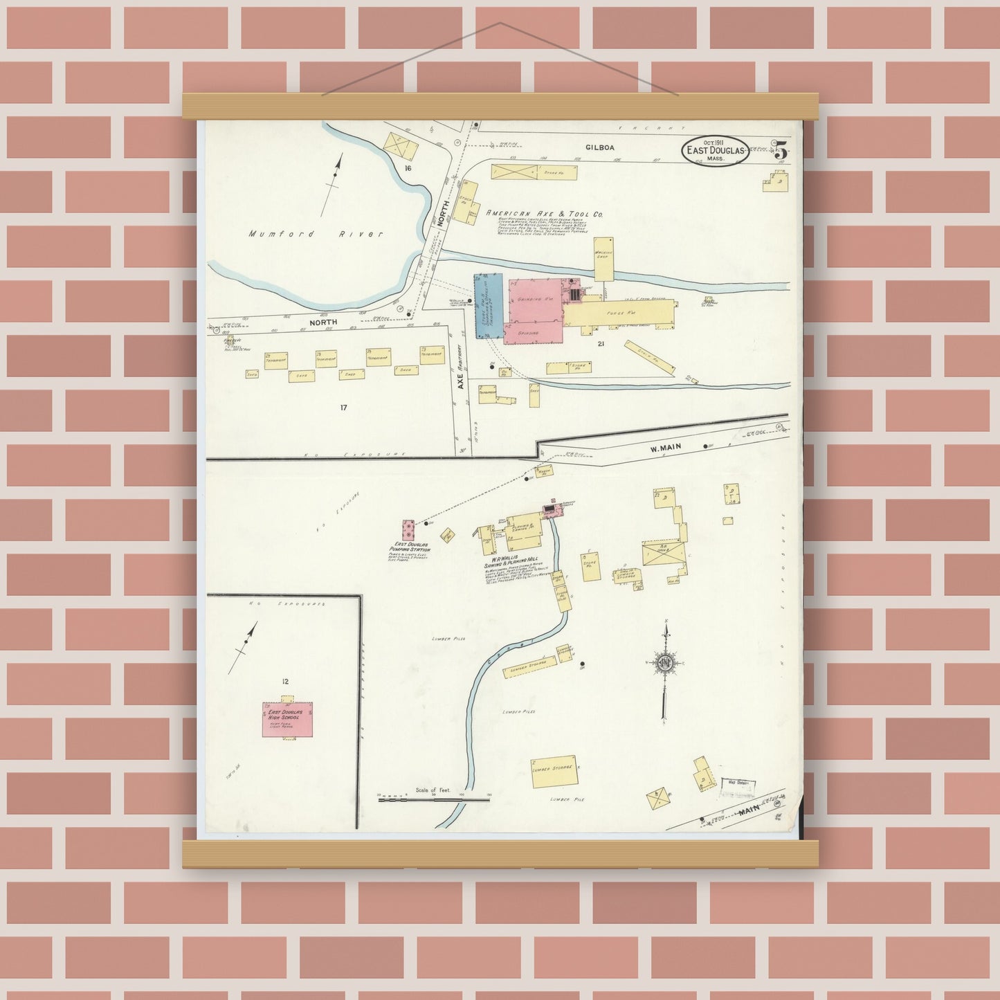 Old map wall art mockup — magnetic wood frame on brick wall — Sanborn Fire Insurance Map from East Douglas, Worcester County, Massachusetts (1911), Sheet #0005