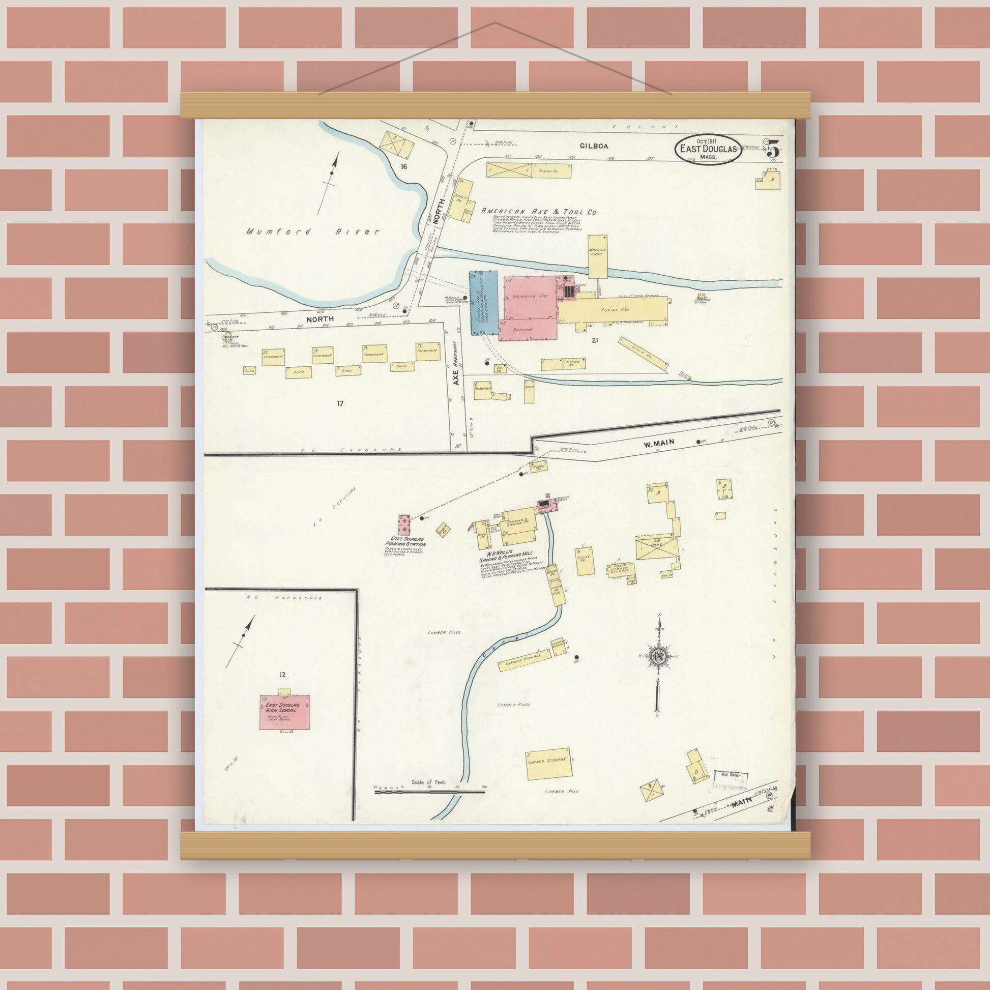 Old map wall art mockup — magnetic wood frame on brick wall — Sanborn Fire Insurance Map from East Douglas, Worcester County, Massachusetts (1911), Sheet #0005