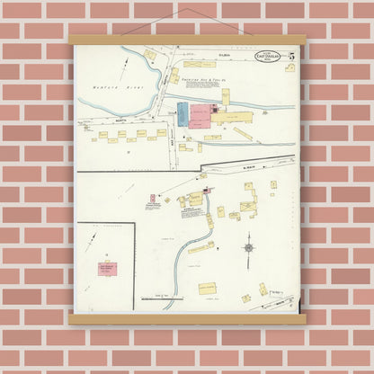 Old map wall art mockup — magnetic wood frame on brick wall — Sanborn Fire Insurance Map from East Douglas, Worcester County, Massachusetts (1911), Sheet #0005
