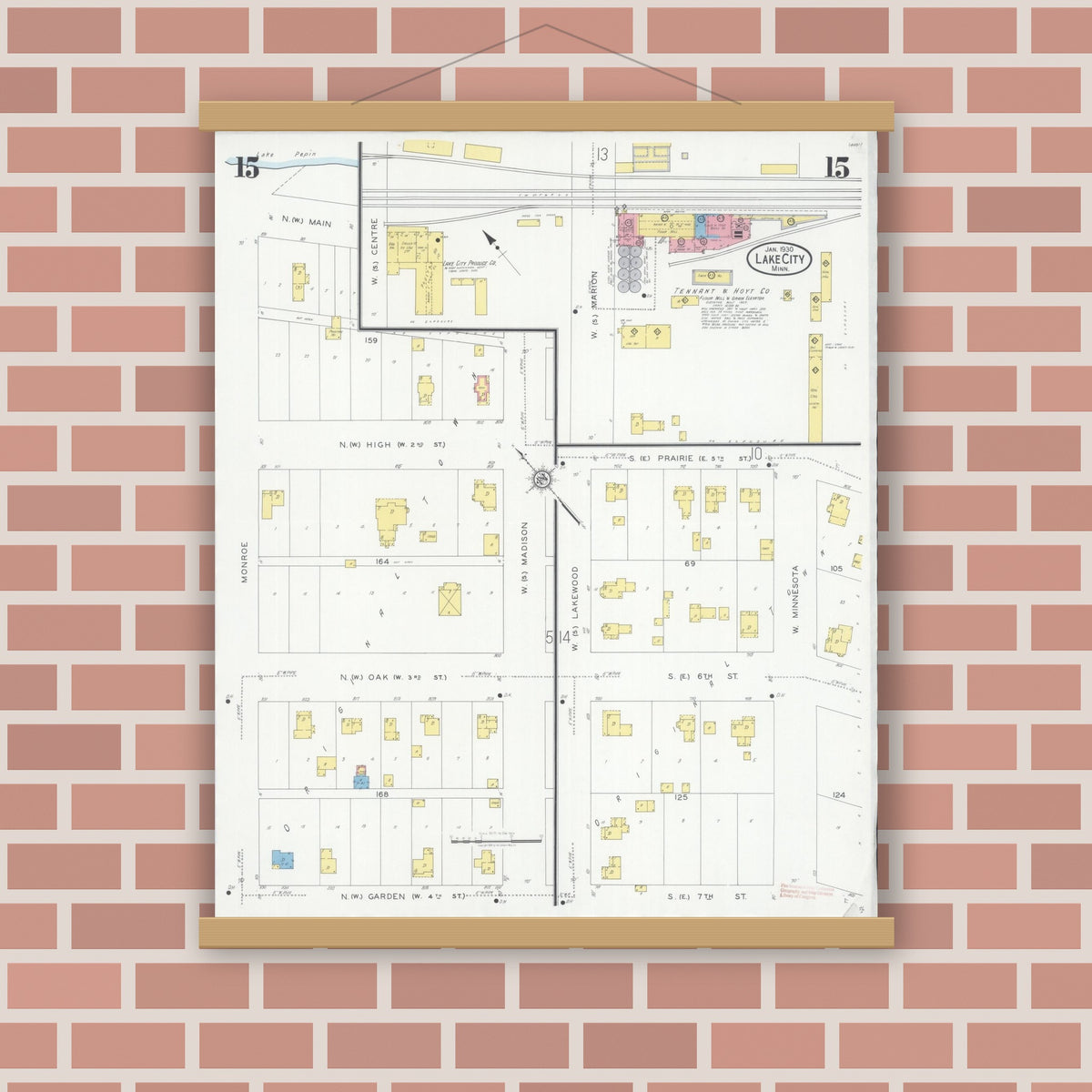 Old map wall art mockup — magnetic wood frame on brick wall — Sanborn Fire Insurance Map from Lake City, Wabasha County, Minnesota (1930), Sheet #0015