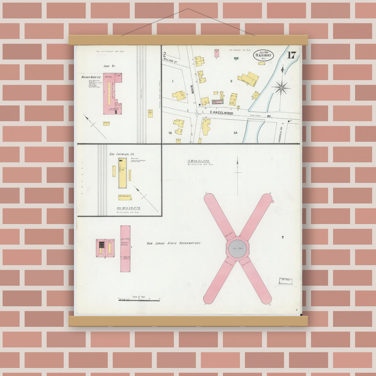 Old map wall art mockup — magnetic wood frame on brick wall — Sanborn Fire Insurance Map from Rahway, Union County, New Jersey (1901), Sheet #0017