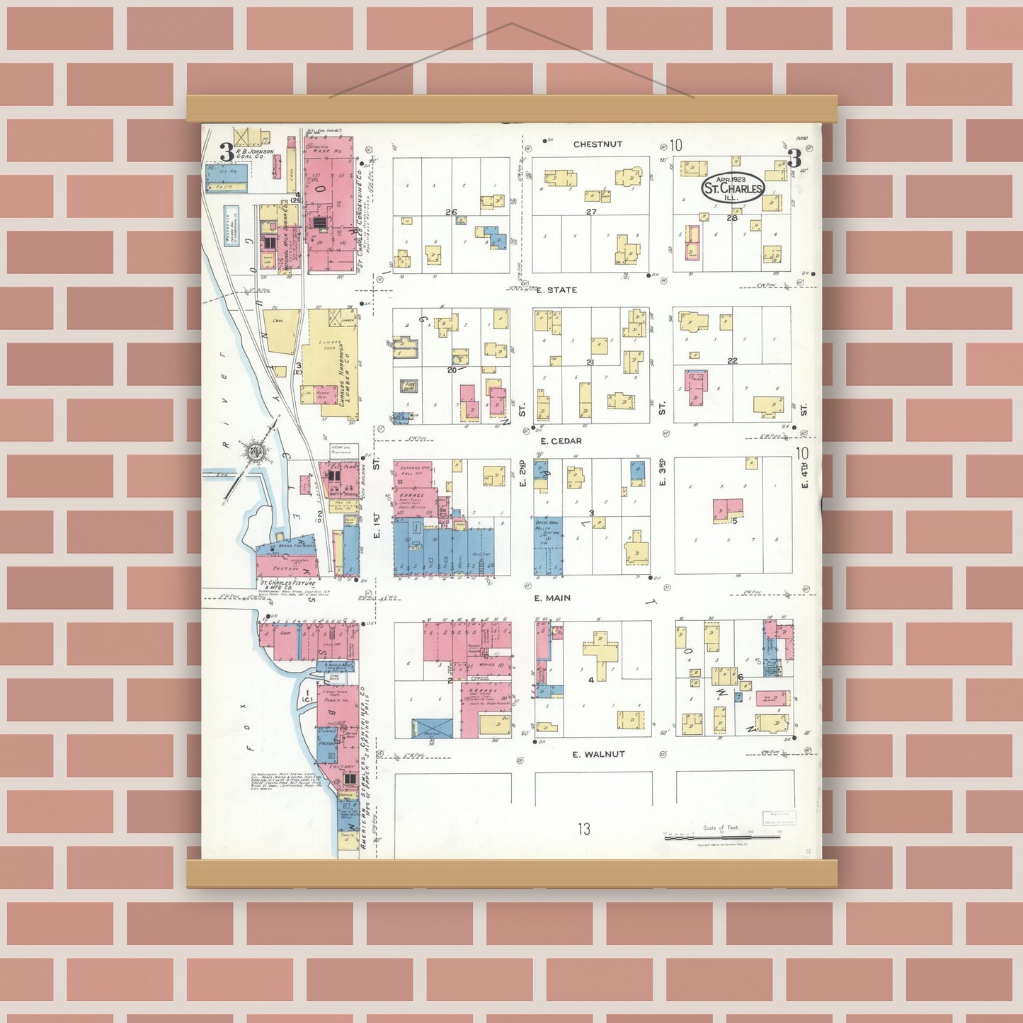 Old map wall art mockup — magnetic wood frame on brick wall — Sanborn Fire Insurance Map from Saint Charles, Kane County, Illinois (1923), Sheet #0003