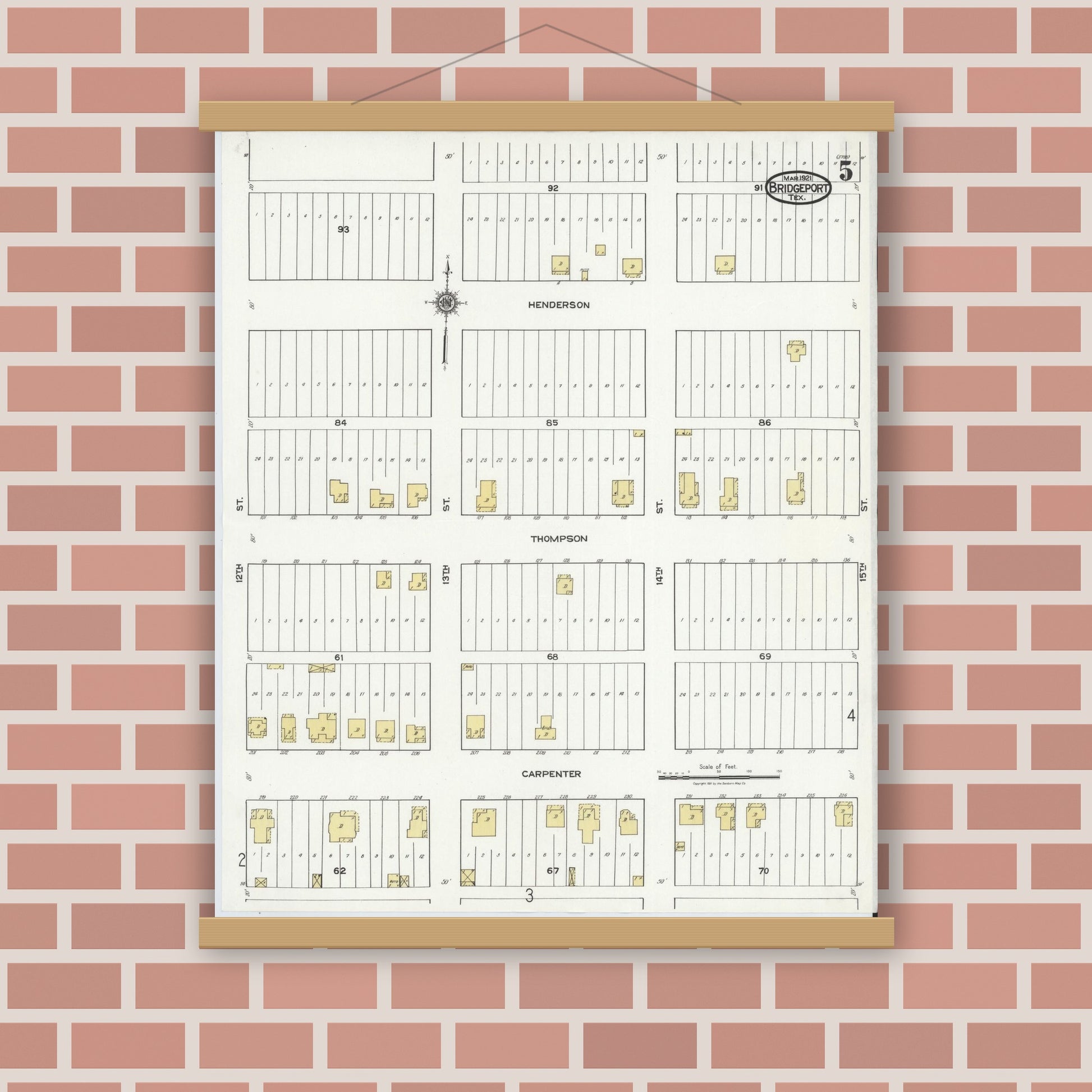 Old map wall art mockup — magnetic wood frame on brick wall — Sanborn Fire Insurance Map from Bridgeport, Wise County, Texas (1921), Sheet #0005
