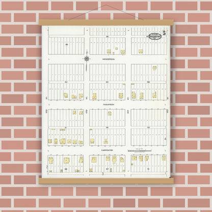 Old map wall art mockup — magnetic wood frame on brick wall — Sanborn Fire Insurance Map from Bridgeport, Wise County, Texas (1921), Sheet #0005