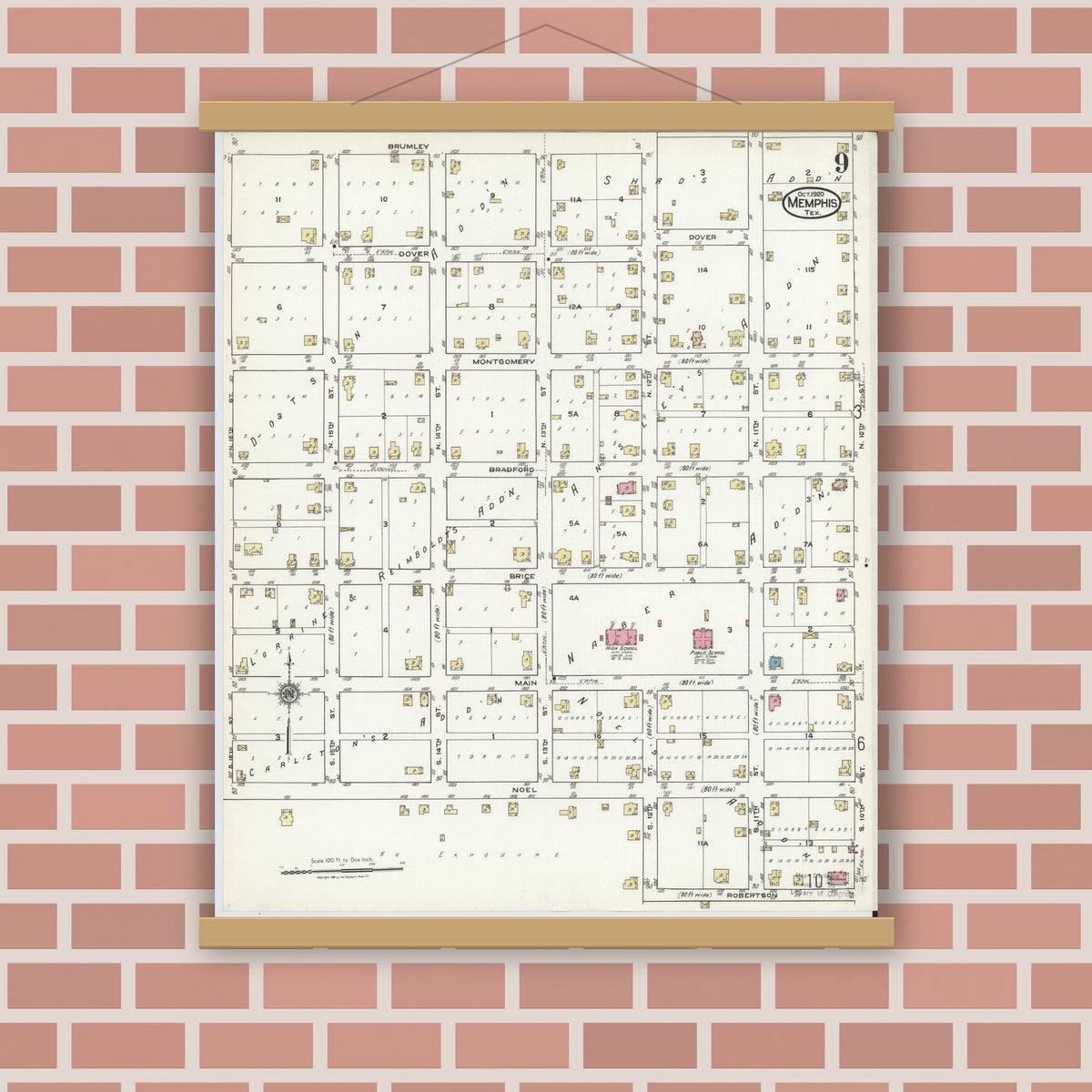 Old map wall art mockup — magnetic wood frame on brick wall — Sanborn Fire Insurance Map from Memphis, Hall County, Texas (1920), Sheet #0009