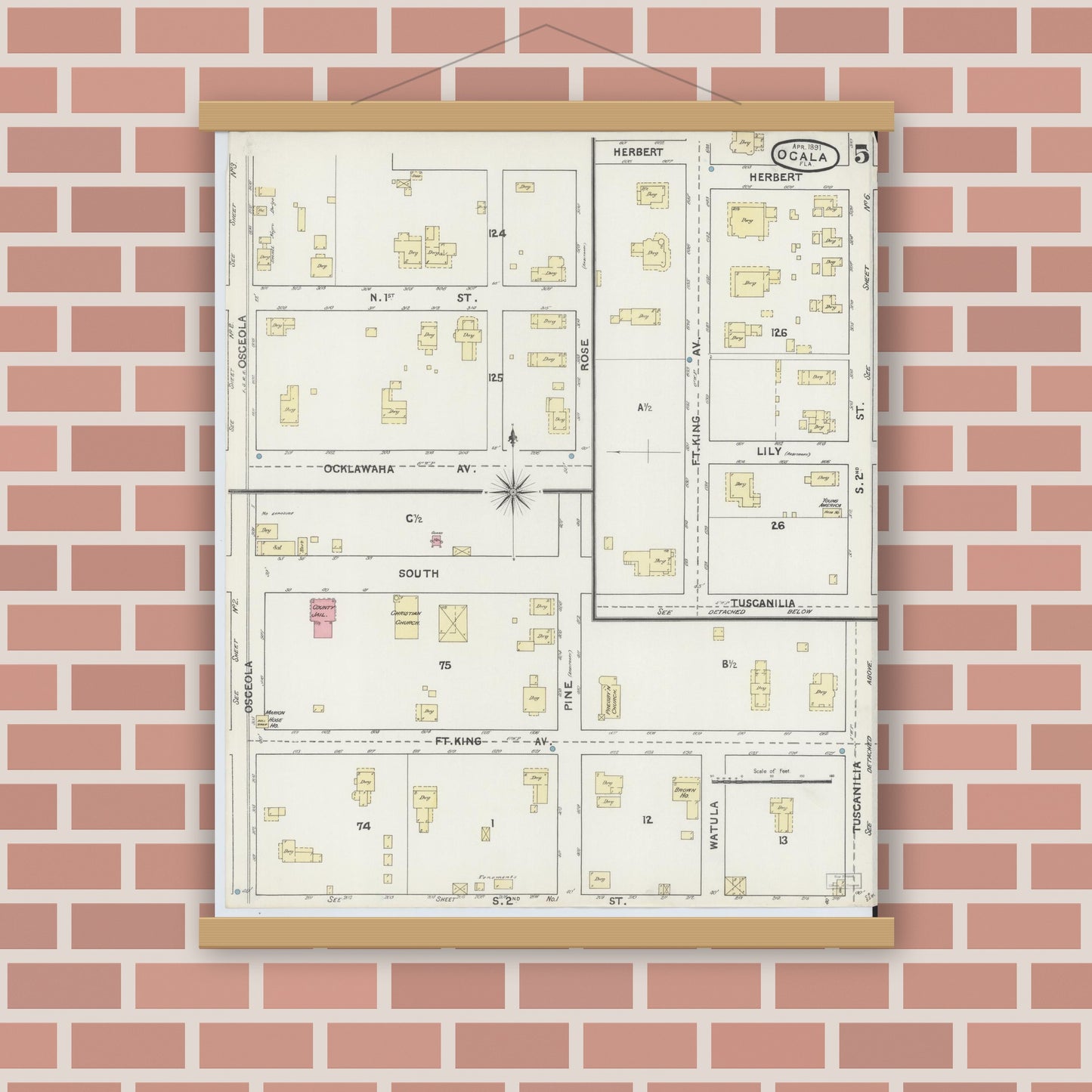 Old map wall art mockup — magnetic wood frame on brick wall — Sanborn Fire Insurance Map from Ocala, Marion County, Florida (1891), Sheet #0005