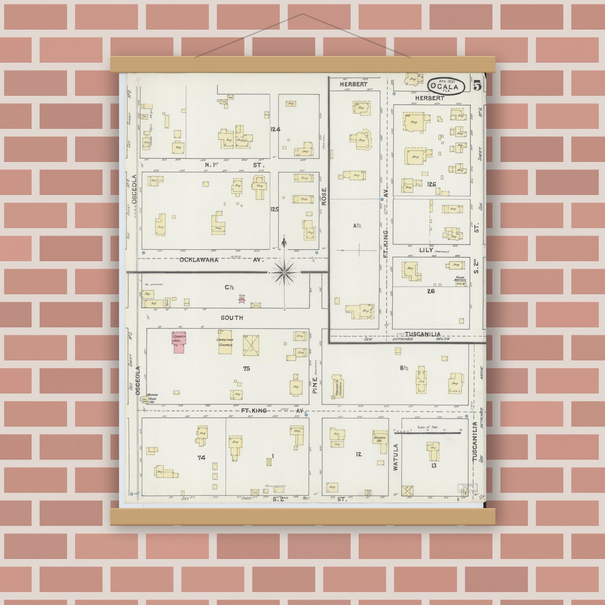 Old map wall art mockup — magnetic wood frame on brick wall — Sanborn Fire Insurance Map from Ocala, Marion County, Florida (1891), Sheet #0005