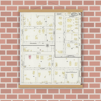 Old map wall art mockup — magnetic wood frame on brick wall — Sanborn Fire Insurance Map from Ocala, Marion County, Florida (1891), Sheet #0005