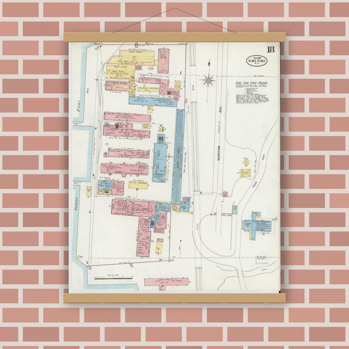 Old map wall art mockup — magnetic wood frame on brick wall — Sanborn Fire Insurance Map from Sing Sing, Westchester County, New York (1897), Sheet #0018