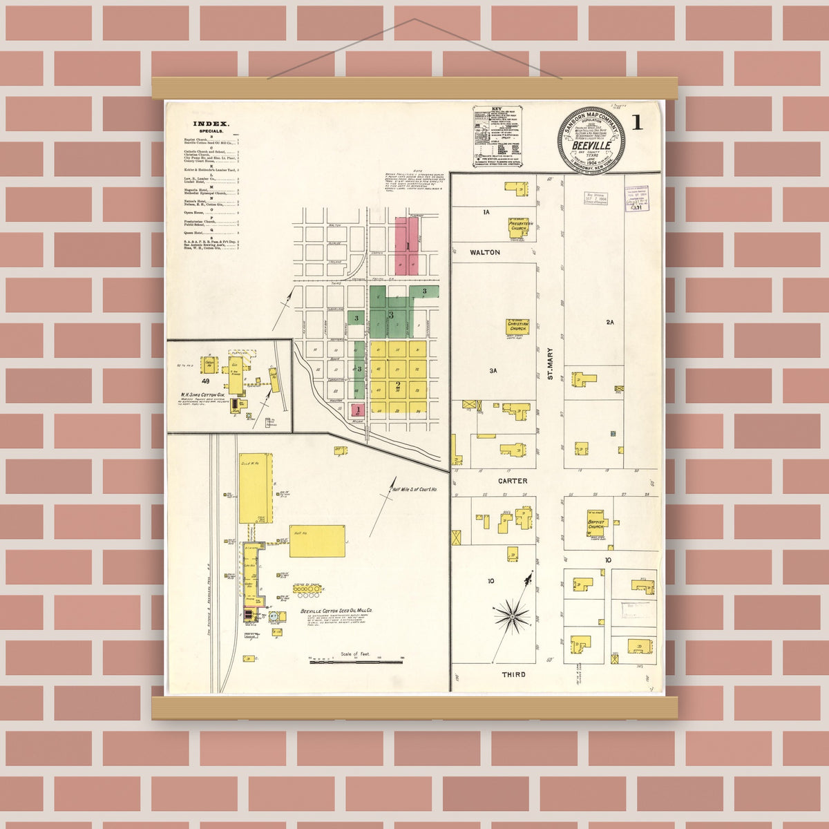 Old map wall art mockup — magnetic wood frame on brick wall — Sanborn Fire Insurance Map from Beeville, Bee County, Texas (1904), Sheet #0001