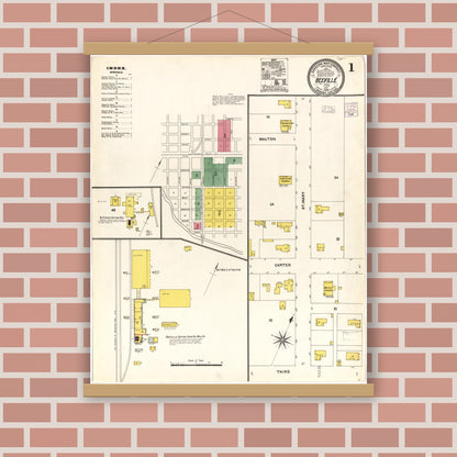 Old map wall art mockup — magnetic wood frame on brick wall — Sanborn Fire Insurance Map from Beeville, Bee County, Texas (1904), Sheet #0001