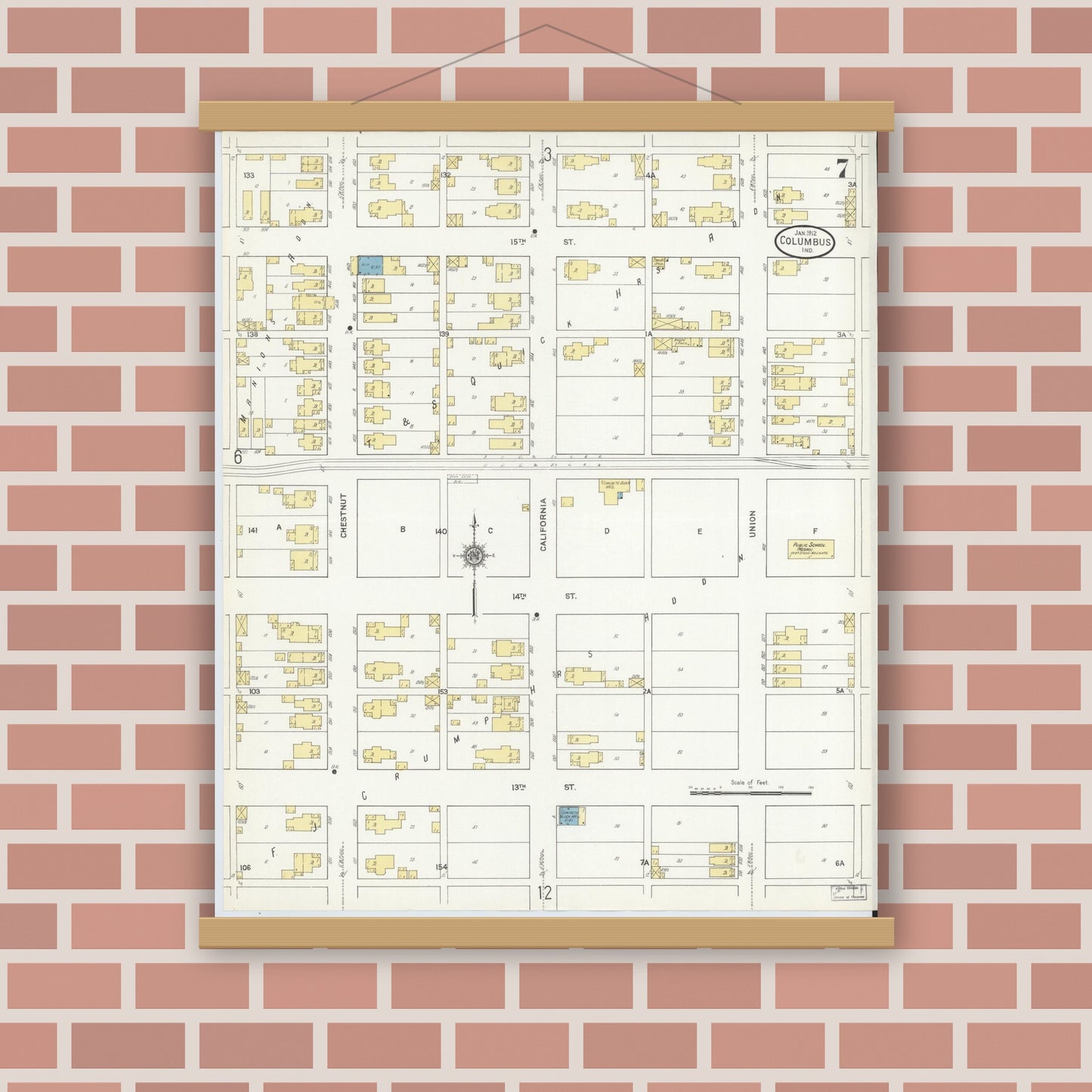 Old map wall art mockup — magnetic wood frame on brick wall — Sanborn Fire Insurance Map from Columbus, Bartholomew County, Indiana (1912), Sheet #0007