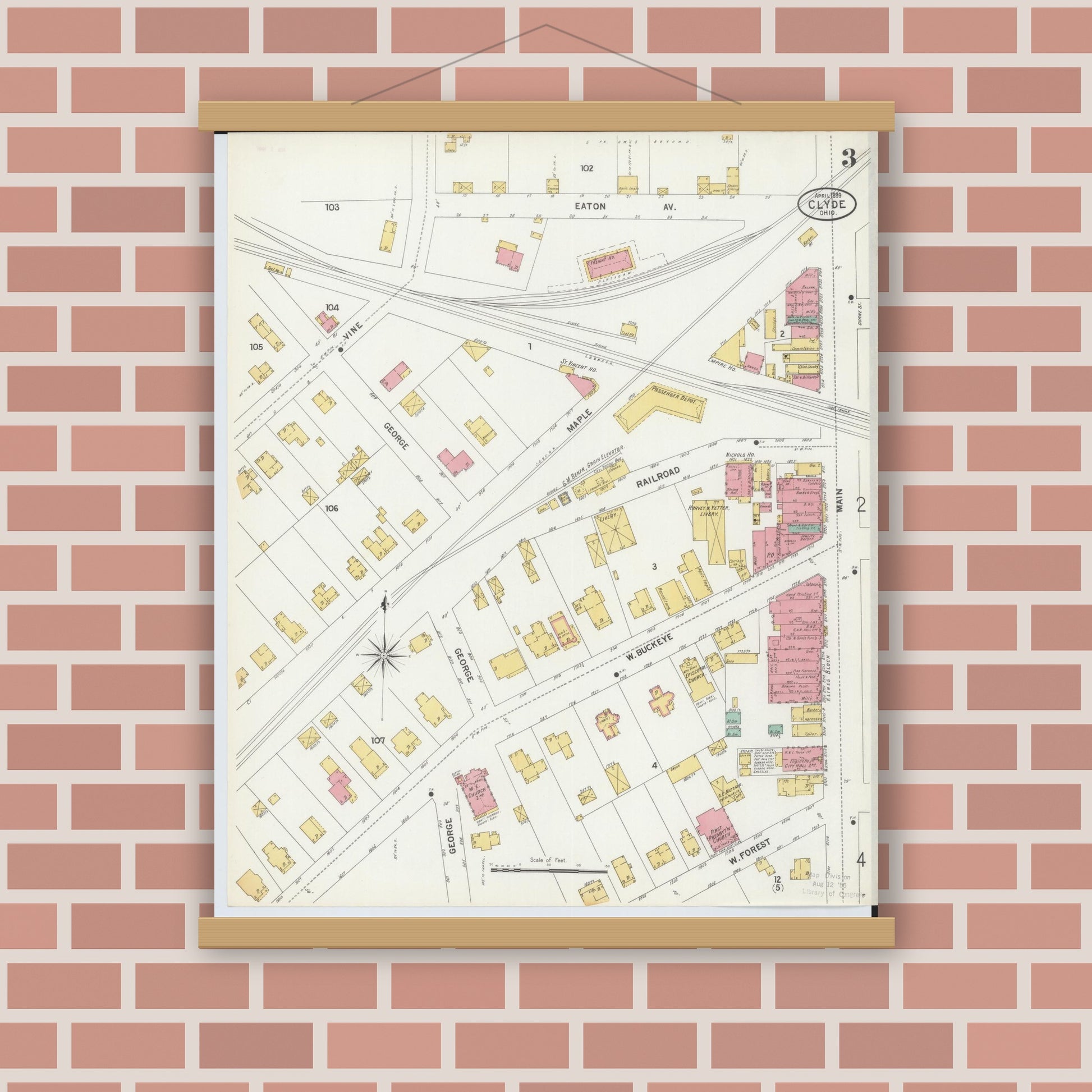 Old map wall art mockup — magnetic wood frame on brick wall — Sanborn Fire Insurance Map from Clyde, Sandusky County, Ohio (1899), Sheet #0003