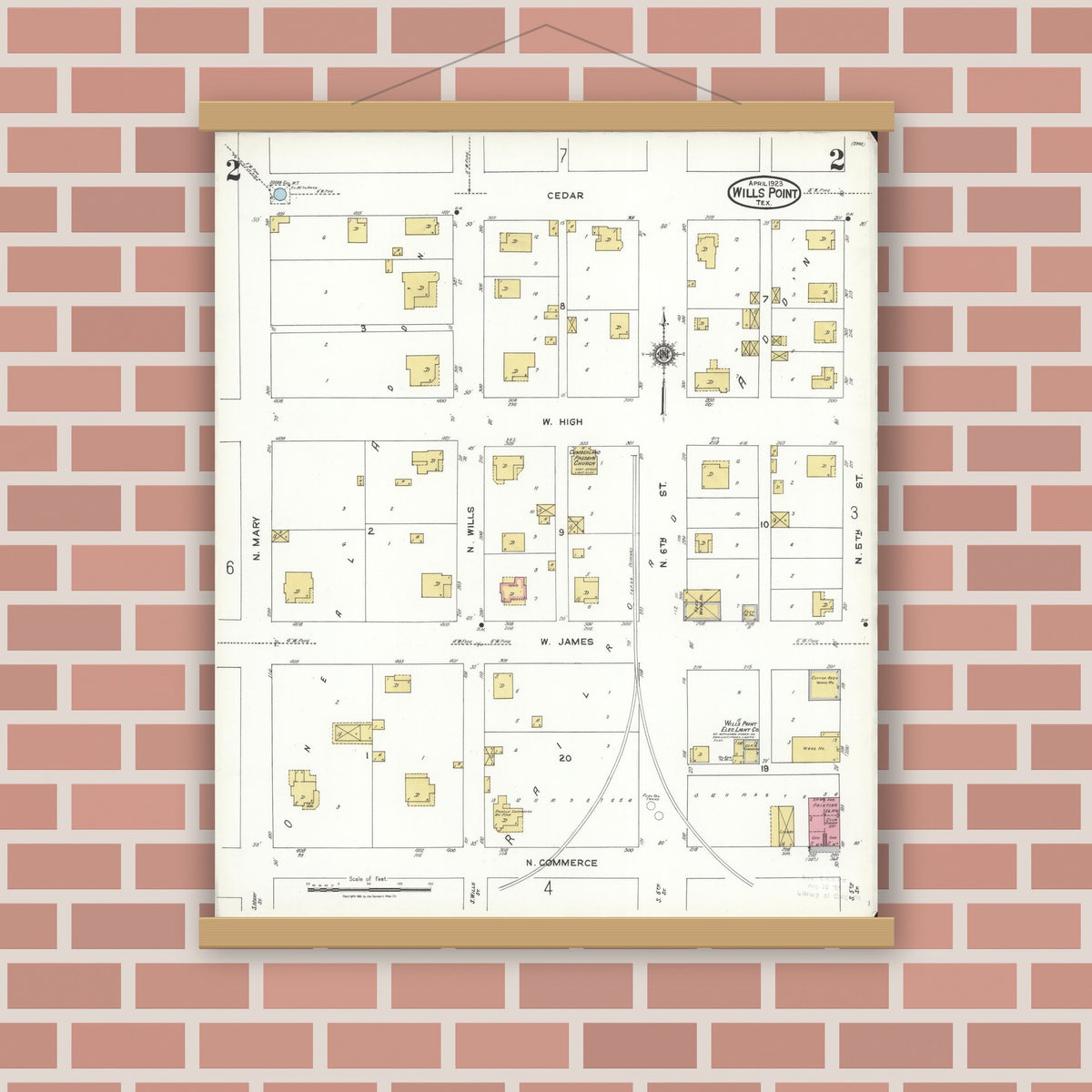 Old map wall art mockup — magnetic wood frame on brick wall — Sanborn Fire Insurance Map from Wills Point, Van Zandt County, Texas (1923), Sheet #0002