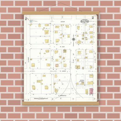 Old map wall art mockup — magnetic wood frame on brick wall — Sanborn Fire Insurance Map from Wills Point, Van Zandt County, Texas (1923), Sheet #0002