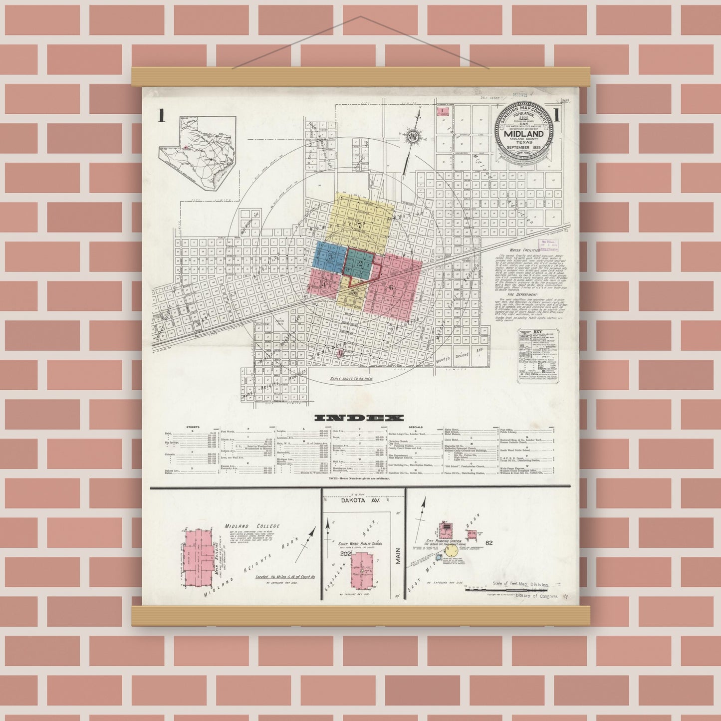 Old map wall art mockup — magnetic wood frame on brick wall — Sanborn Fire Insurance Map from Midland, Midland County, Texas (1925) - Complete Map Set