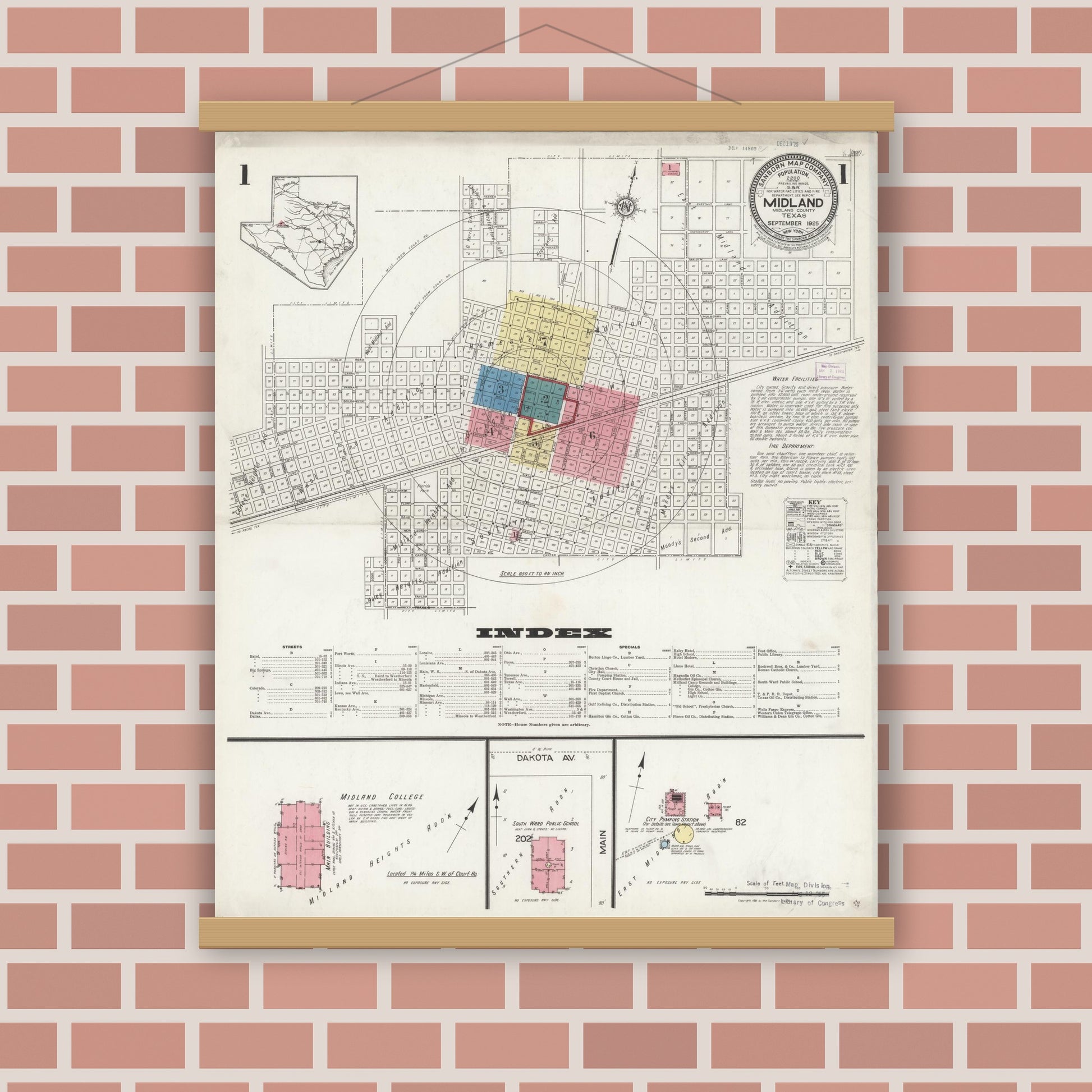Old map wall art mockup — magnetic wood frame on brick wall — Sanborn Fire Insurance Map from Midland, Midland County, Texas (1925) - Complete Map Set