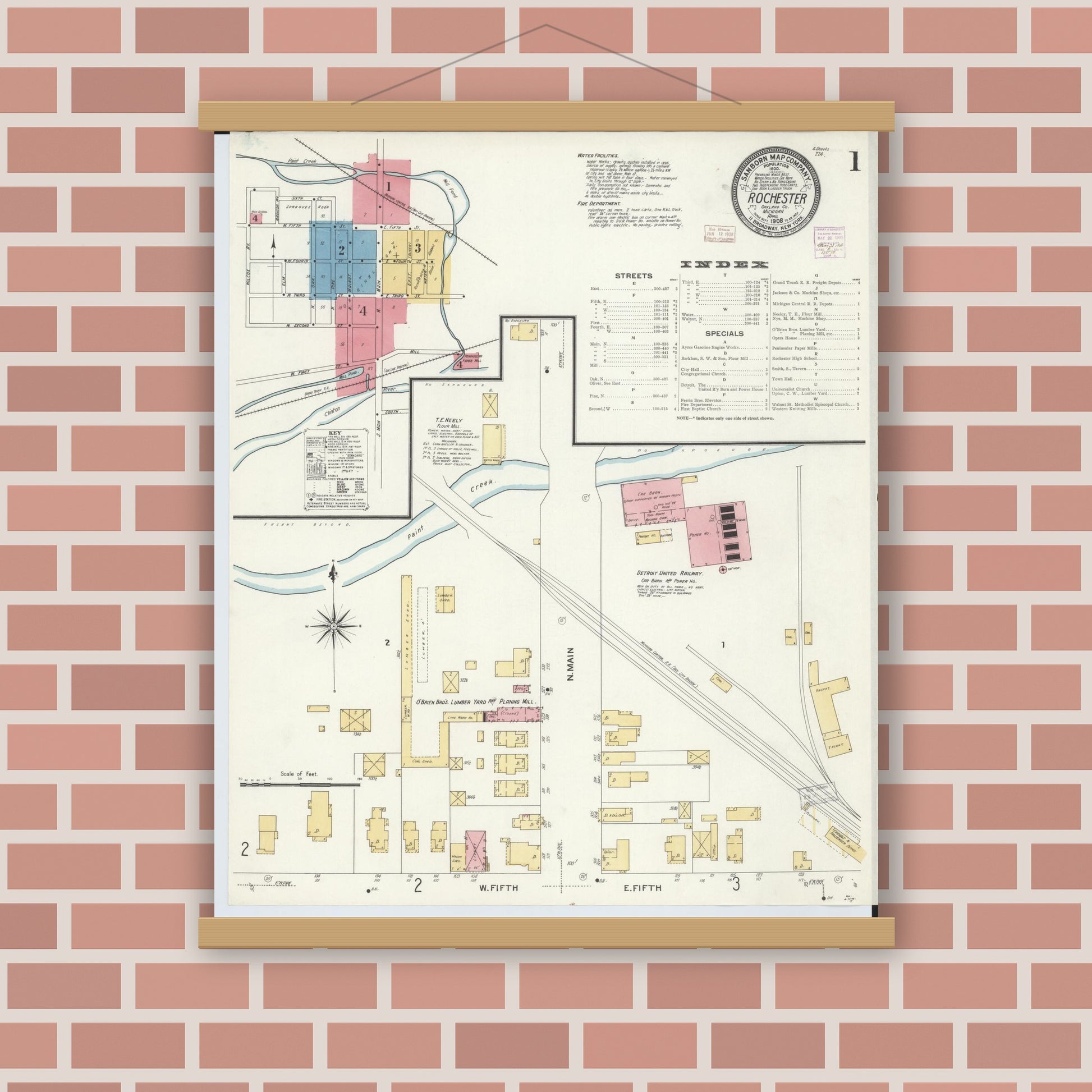 Old map wall art mockup — magnetic wood frame on brick wall — Sanborn Fire Insurance Map from Rochester, Oakland County, Michigan (1908) - Complete Map Set