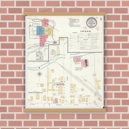 Old map wall art mockup — magnetic wood frame on brick wall — Sanborn Fire Insurance Map from Rochester, Oakland County, Michigan (1908) - Complete Map Set